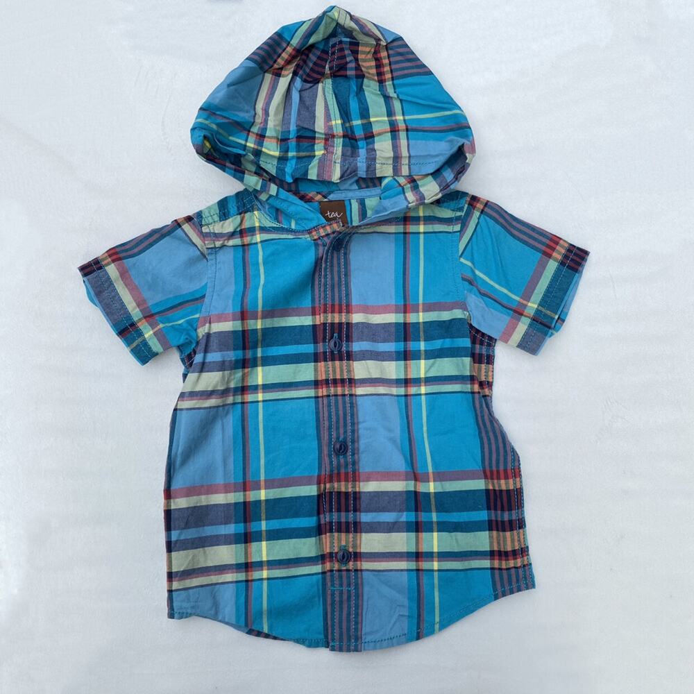 Tea Collection Plaid Blue Hooded Shirt
